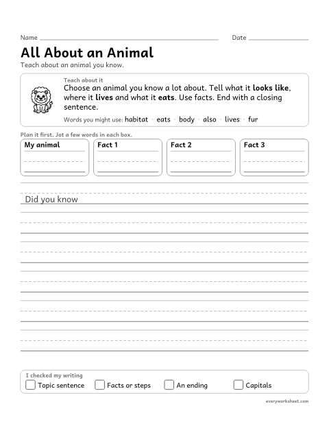Preview of the printable “All about an animal” worksheet: writing an informative piece with a topic, facts and a closing sentence
