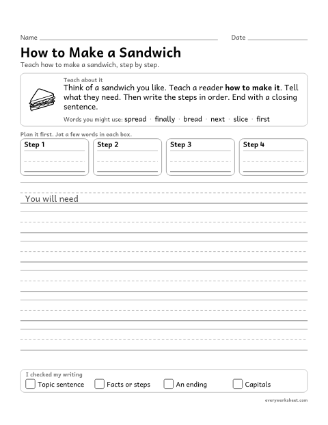 Preview of the printable “How to make a sandwich” worksheet: writing a how-to piece with steps in order and a closing sentence