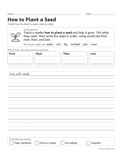 Preview of the printable “How to plant a seed” worksheet: writing a how-to piece with steps in order and a closing sentence