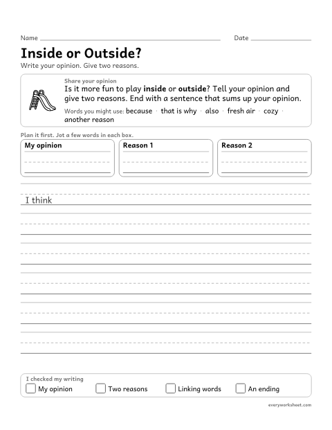 Preview of the printable “Inside or Outside?” worksheet: writing an opinion with two reasons, linking words and a closing sentence