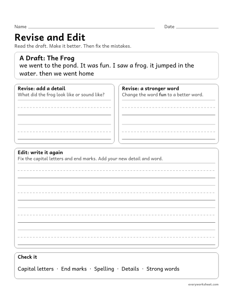 Preview of the printable “Revise and edit” worksheet: revising a draft by adding details and stronger words, then editing capitals and end marks