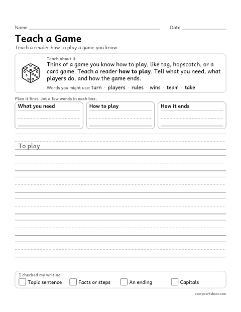 Preview of the printable “Teach a game” worksheet: writing a how-to piece with steps in order and a closing sentence
