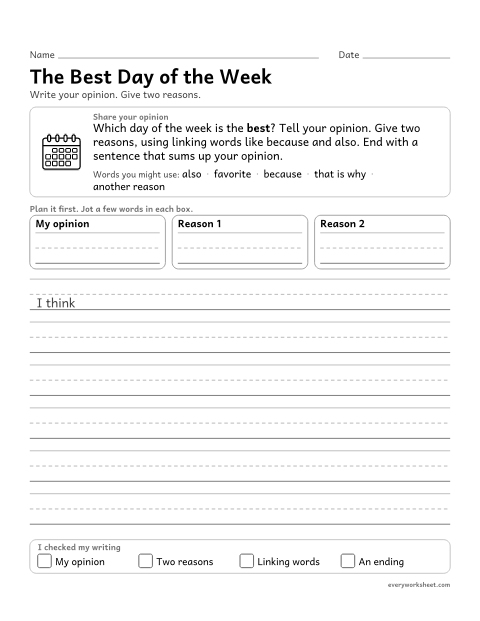Preview of the printable “The best day of the week” worksheet: writing an opinion with two reasons, linking words and a closing sentence