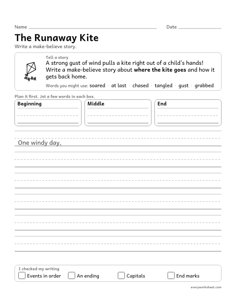 Preview of the printable “The runaway kite” worksheet: writing a made-up story with a beginning, a middle and an ending