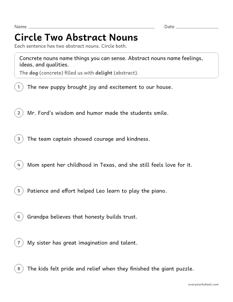 Preview of the printable “Circle two abstract nouns” worksheet: finding two abstract nouns in a sentence with concrete nouns