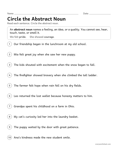 Preview of the printable “Circle the abstract noun” worksheet: finding the abstract noun in a sentence