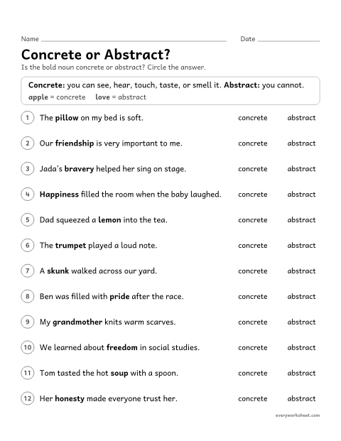 Preview of the printable “Concrete or Abstract?” worksheet: deciding whether a noun is concrete or abstract