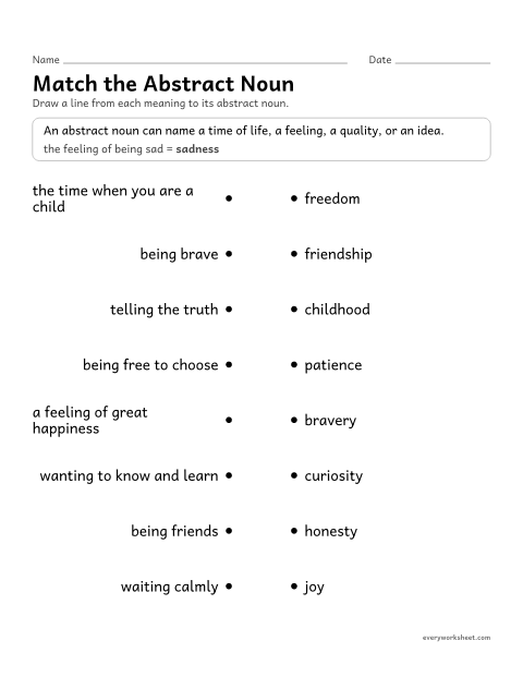 Preview of the printable “Match the abstract noun” worksheet: matching abstract nouns to their meanings
