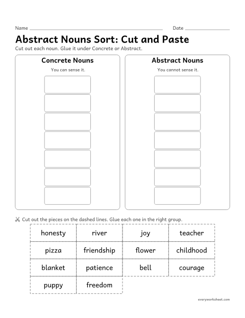 Preview of the printable “Abstract nouns Sort: cut and paste” worksheet: sorting nouns into concrete and abstract