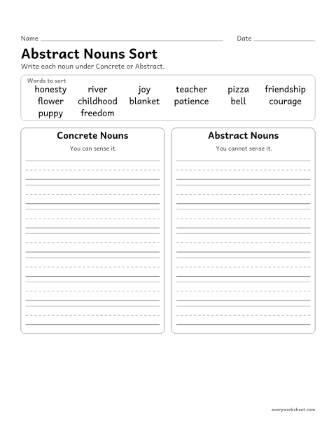 Preview of the printable “Abstract nouns sort” worksheet: sorting nouns into concrete and abstract