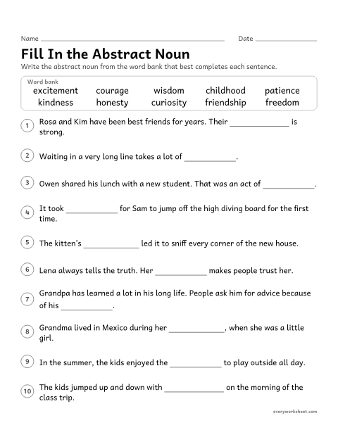 Preview of the printable “Fill in the abstract noun” worksheet: using abstract nouns in context with a word bank