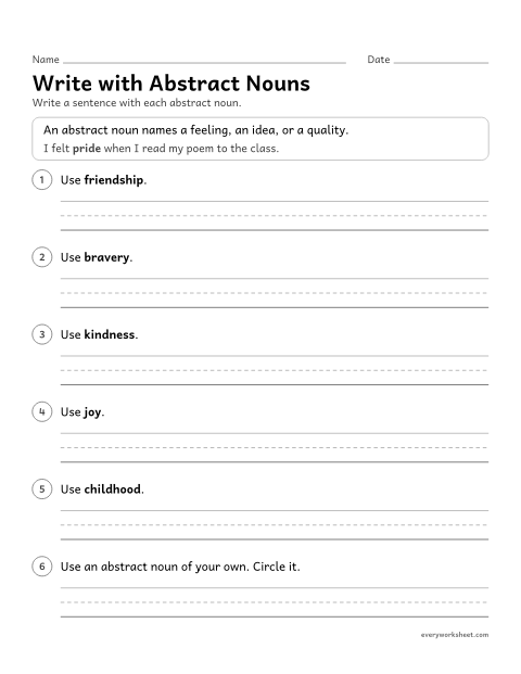 Preview of the printable “Write with abstract nouns” worksheet: writing sentences that use abstract nouns
