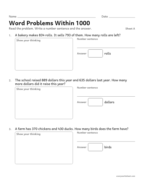Preview of the printable “Word problems within 1000, sheet A” worksheet: solving addition and subtraction word problems within 1000