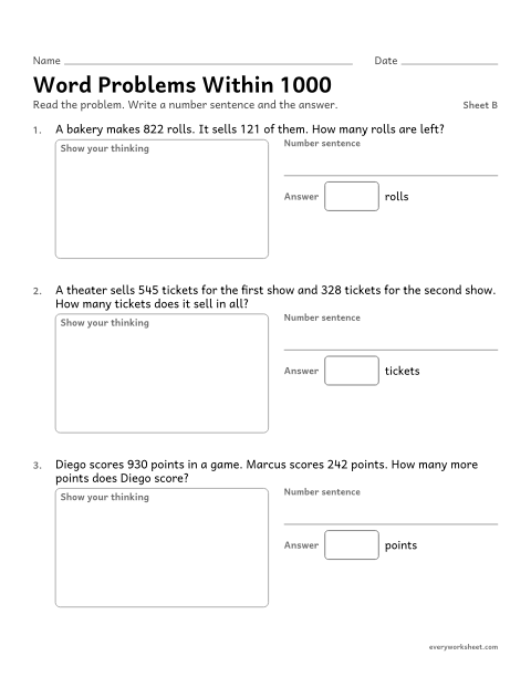Preview of the printable “Word problems within 1000, sheet B” worksheet: solving addition and subtraction word problems within 1000