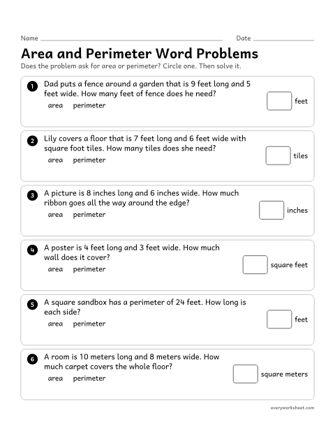 Preview of the printable “Area and perimeter word problems” worksheet: deciding whether a problem asks for area or perimeter, then solving it