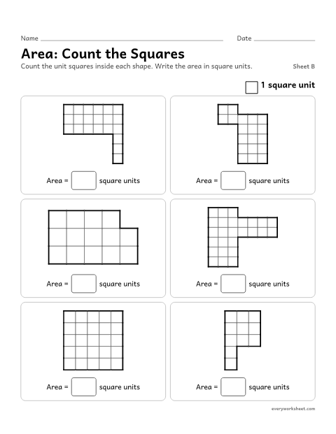 Preview of the printable “Area: count the Squares, sheet B” worksheet: finding the area of rectilinear shapes by counting unit squares