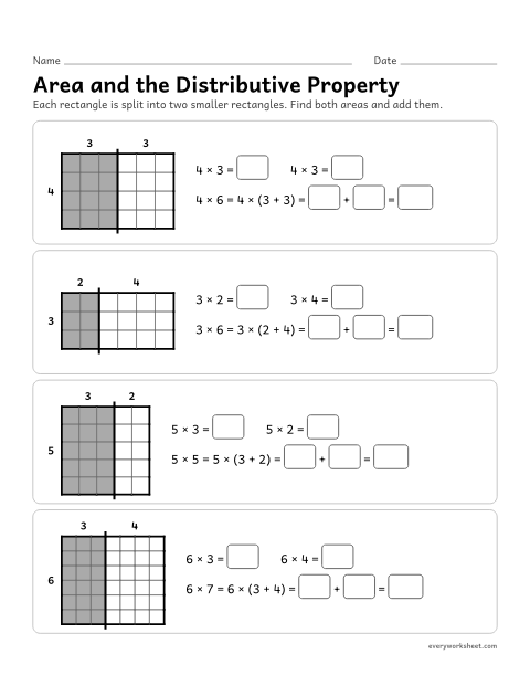 Preview of the printable “Area and the distributive property” worksheet: splitting a rectangle into two to show a × (b + c) = a × b + a × c