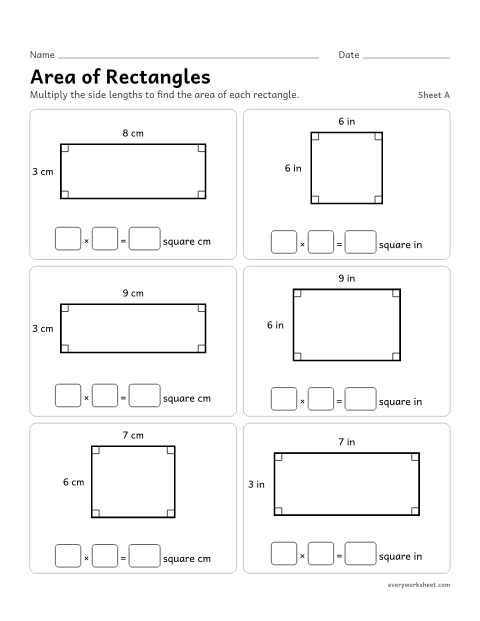 Preview of the printable “Area of Rectangles, sheet A” worksheet: multiplying side lengths to find the area of rectangles in centimeters and inches