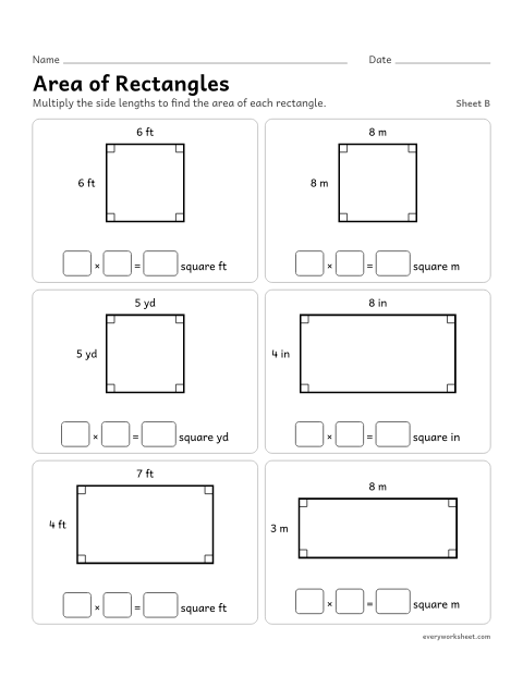 Preview of the printable “Area of Rectangles, sheet B” worksheet: multiplying side lengths to find the area of rectangles and squares in feet, meters, yards and inches