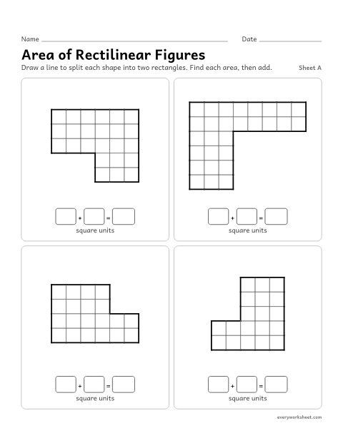 Preview of the printable “Area of rectilinear Figures, sheet A” worksheet: splitting L shapes on a grid into two rectangles and adding the areas