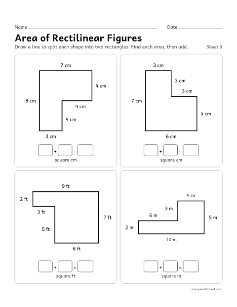 Preview of the printable “Area of rectilinear Figures, sheet B” worksheet: finding the area of L shapes from side lengths by splitting them into rectangles
