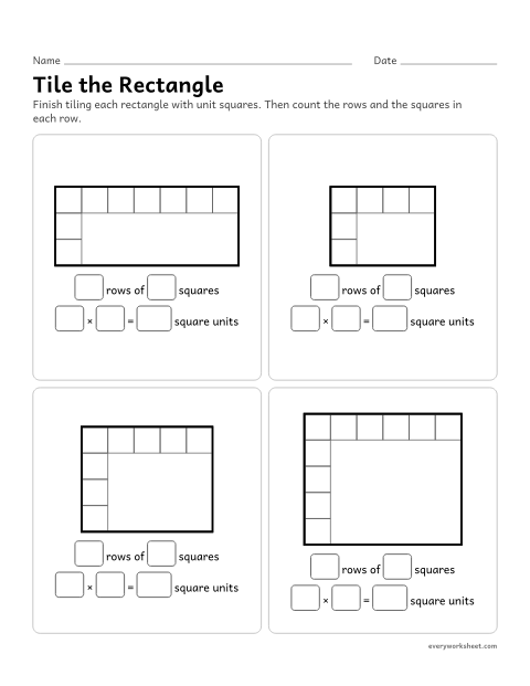Preview of the printable “Tile the rectangle” worksheet: finishing the tiling of a rectangle, then seeing the area is rows times columns