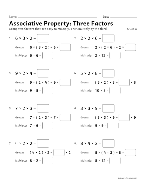 Preview of the printable “Associative Property: three Factors, sheet A” worksheet: using the associative property to multiply three numbers