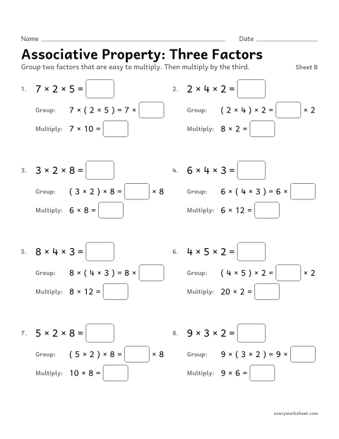 Preview of the printable “Associative Property: three Factors, sheet B” worksheet: using the associative property to multiply three numbers