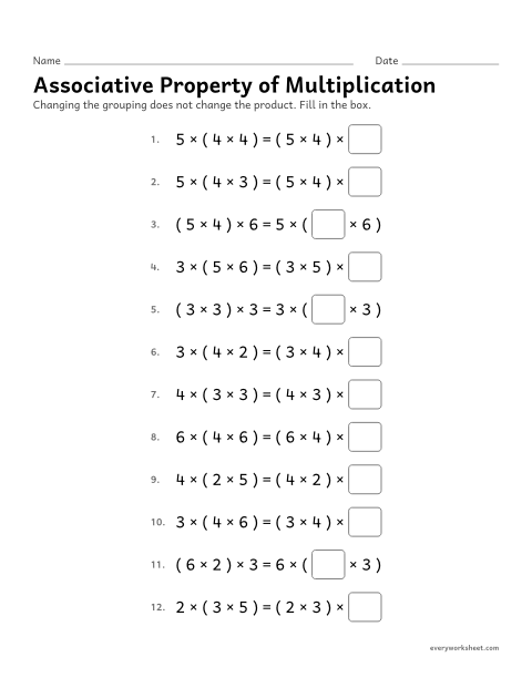 Preview of the printable “Associative property of multiplication” worksheet: recognizing the associative property of multiplication