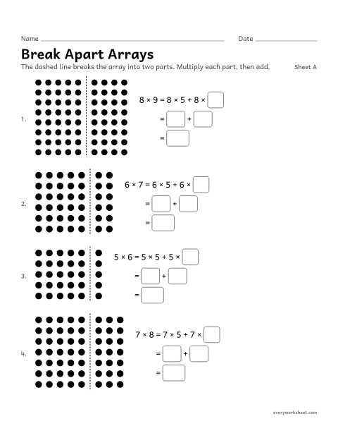 Preview of the printable “Break apart Arrays, sheet A” worksheet: using the distributive property with arrays