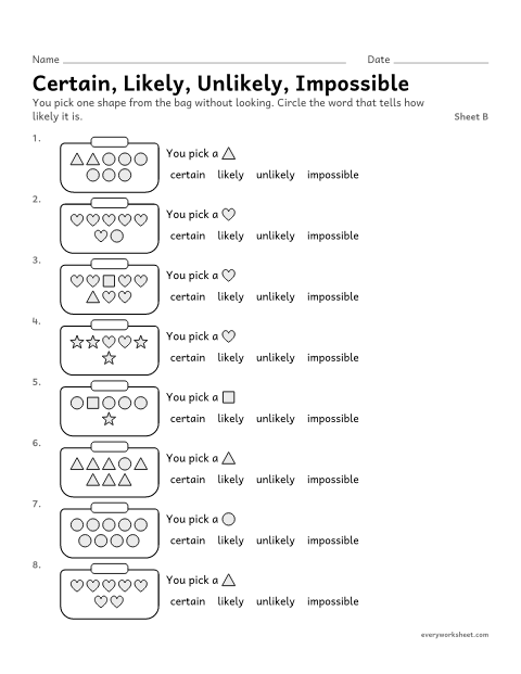 Preview of the printable “Certain, Likely, Unlikely, Impossible, sheet B” worksheet: deciding if picking a shape from a bag is certain, likely, unlikely or impossible