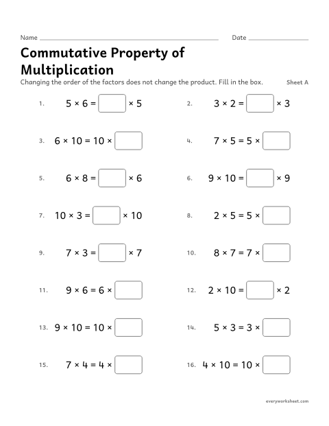 Preview of the printable “Commutative property of Multiplication, sheet A” worksheet: using the commutative property of multiplication