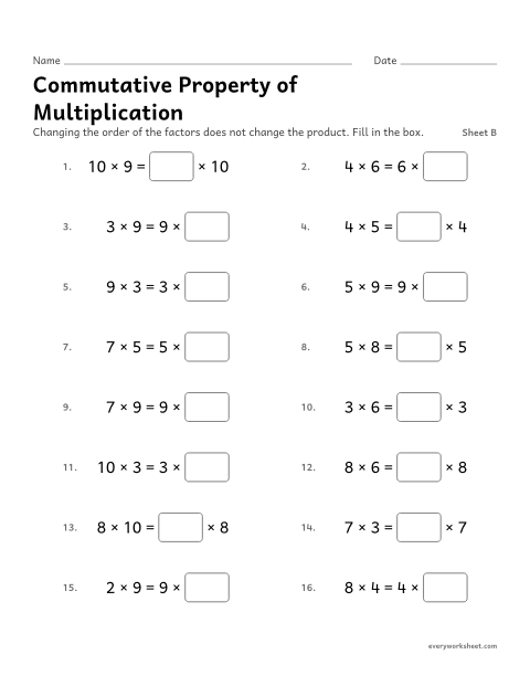 Preview of the printable “Commutative property of Multiplication, sheet B” worksheet: using the commutative property of multiplication