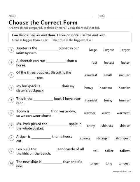 Preview of the printable “Choose the correct form” worksheet: choosing comparative or superlative adjectives in sentences