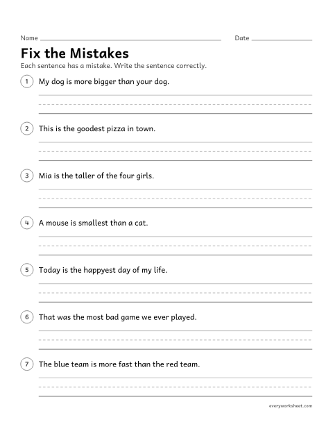 Preview of the printable “Fix the mistakes” worksheet: correcting mistakes with comparative and superlative adjectives