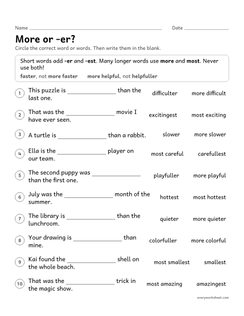 Preview of the printable “More or -er?” worksheet: choosing between -er/-est and more/most