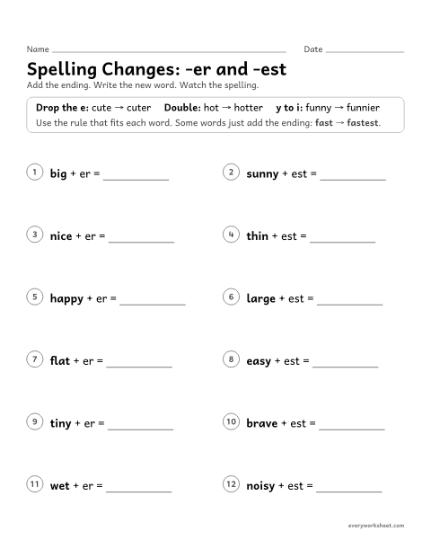 Preview of the printable “Spelling Changes: -er and -est” worksheet: spelling comparatives and superlatives: drop e, double the consonant, change y to i