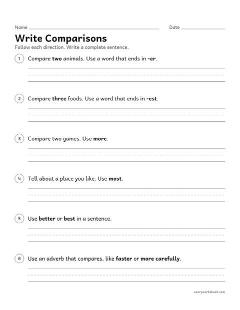 Preview of the printable “Write comparisons” worksheet: writing sentences with comparative and superlative adjectives and adverbs