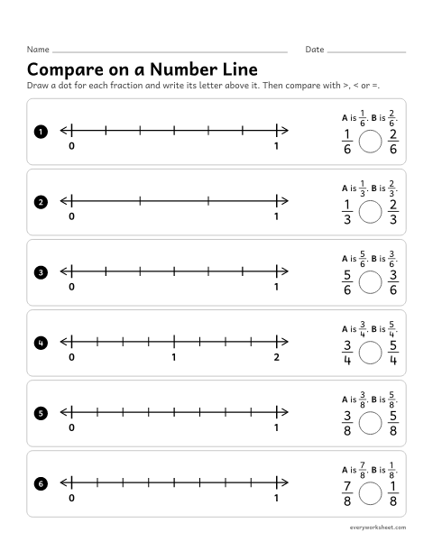 Preview of the printable “Compare on a number line” worksheet: marking two fractions on a number line and comparing them: the one farther right is greater