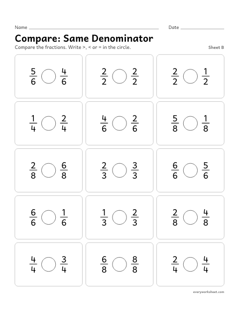 Preview of the printable “Compare: same Denominator, sheet B” worksheet: comparing fractions with the same denominator by reasoning about the number of parts