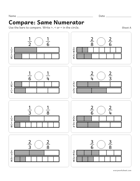 Preview of the printable “Compare: same Numerator, sheet A” worksheet: comparing fractions with the same numerator using bar models: more parts means smaller parts