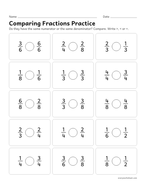 Preview of the printable “Comparing fractions practice” worksheet: deciding whether two fractions share a numerator or a denominator, then comparing with >, < or =