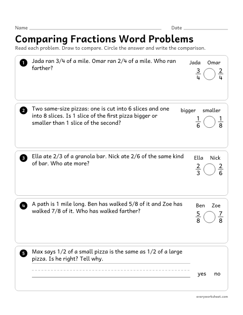Preview of the printable “Comparing fractions word problems” worksheet: comparing fractions in word problems and seeing that the wholes must be the same size