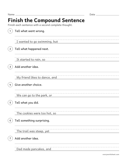 Preview of the printable “Finish the compound sentence” worksheet: completing compound sentences after a comma and a conjunction