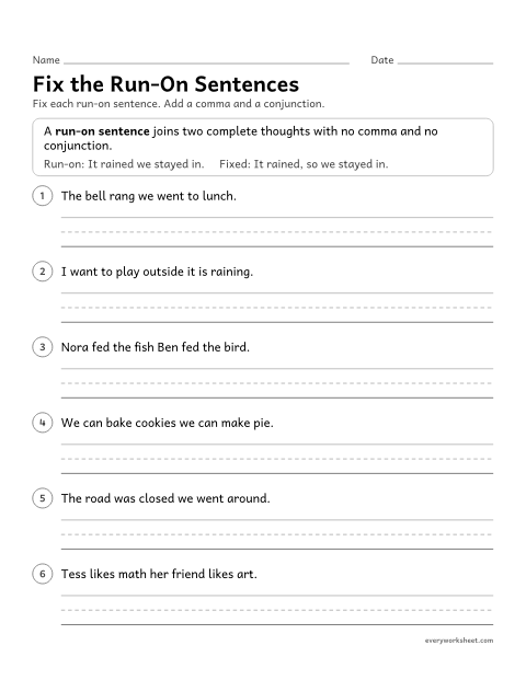 Preview of the printable “Fix the Run-On sentences” worksheet: fixing run-on sentences with a comma and a conjunction