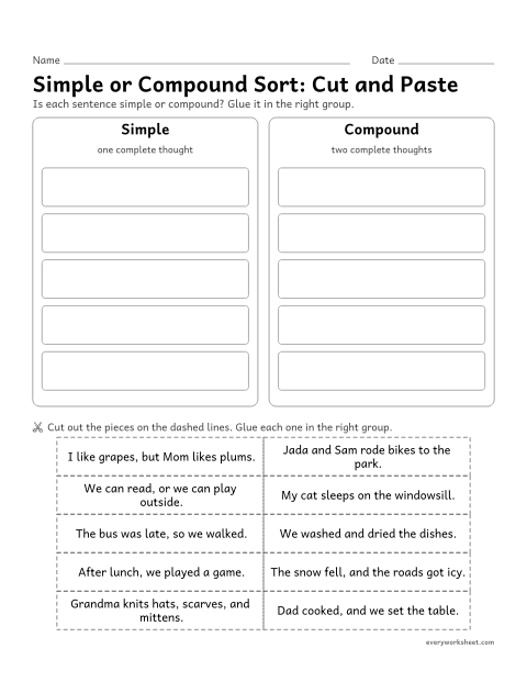 Preview of the printable “Simple or compound Sort: cut and paste” worksheet: sorting simple and compound sentences (cut and paste)
