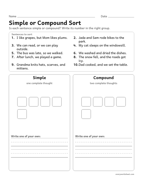 Preview of the printable “Simple or compound sort” worksheet: sorting simple and compound sentences