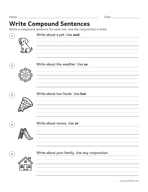 Preview of the printable “Write compound sentences” worksheet: writing compound sentences with and, but, or, and so