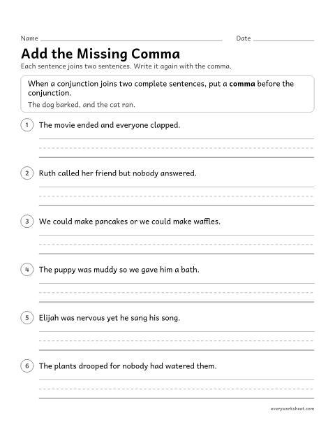 Preview of the printable “Add the missing comma” worksheet: using a comma before a conjunction that joins two sentences