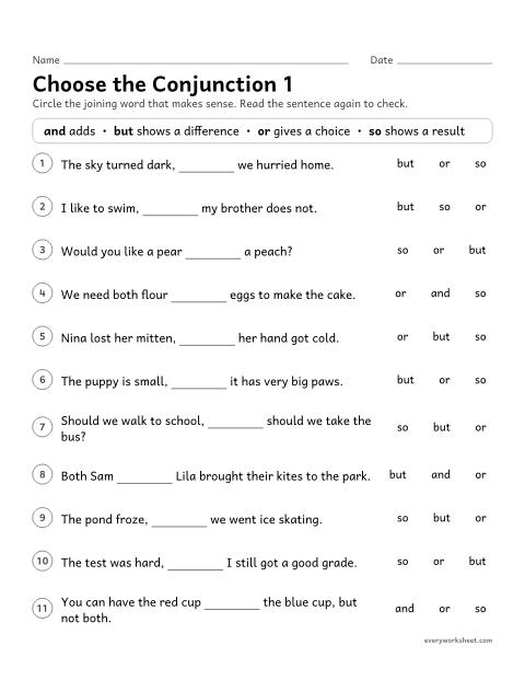 Preview of the printable “Choose the conjunction 1” worksheet: choosing and, but, or, or so to fit the meaning of a sentence